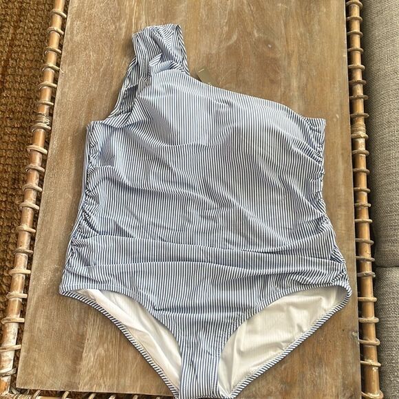 J Crew Swimsuit Size 22 Ruched one-shoulder one-piece in seersucker - Picture 2 of 6